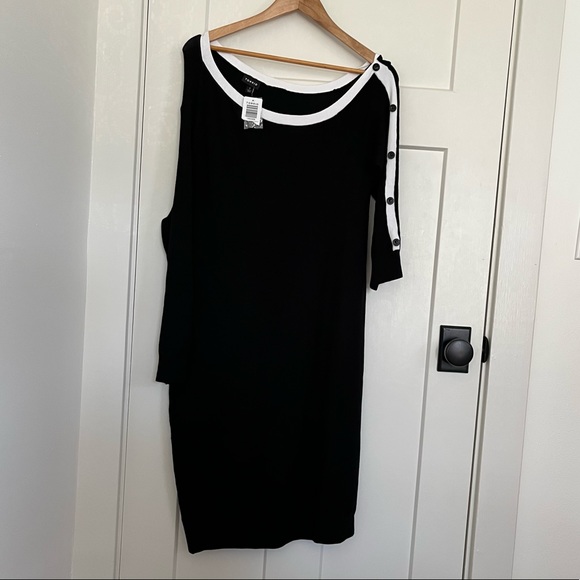Torrid Black and White Long Sleeve Button Off The Shoulder Sweater Dress - Picture 5 of 10